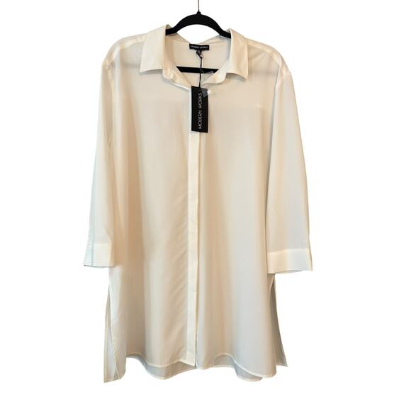Modern Works Cream Button-up Blouse XL NEW With Tags Classic Closet Staple - Picture 1 of 13